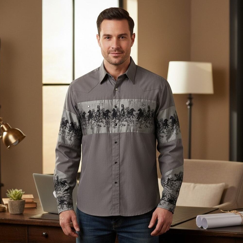 Vintage Scorpio Men's L/S Shirt Small Grey Silver Horse Theme Pearl Snaps